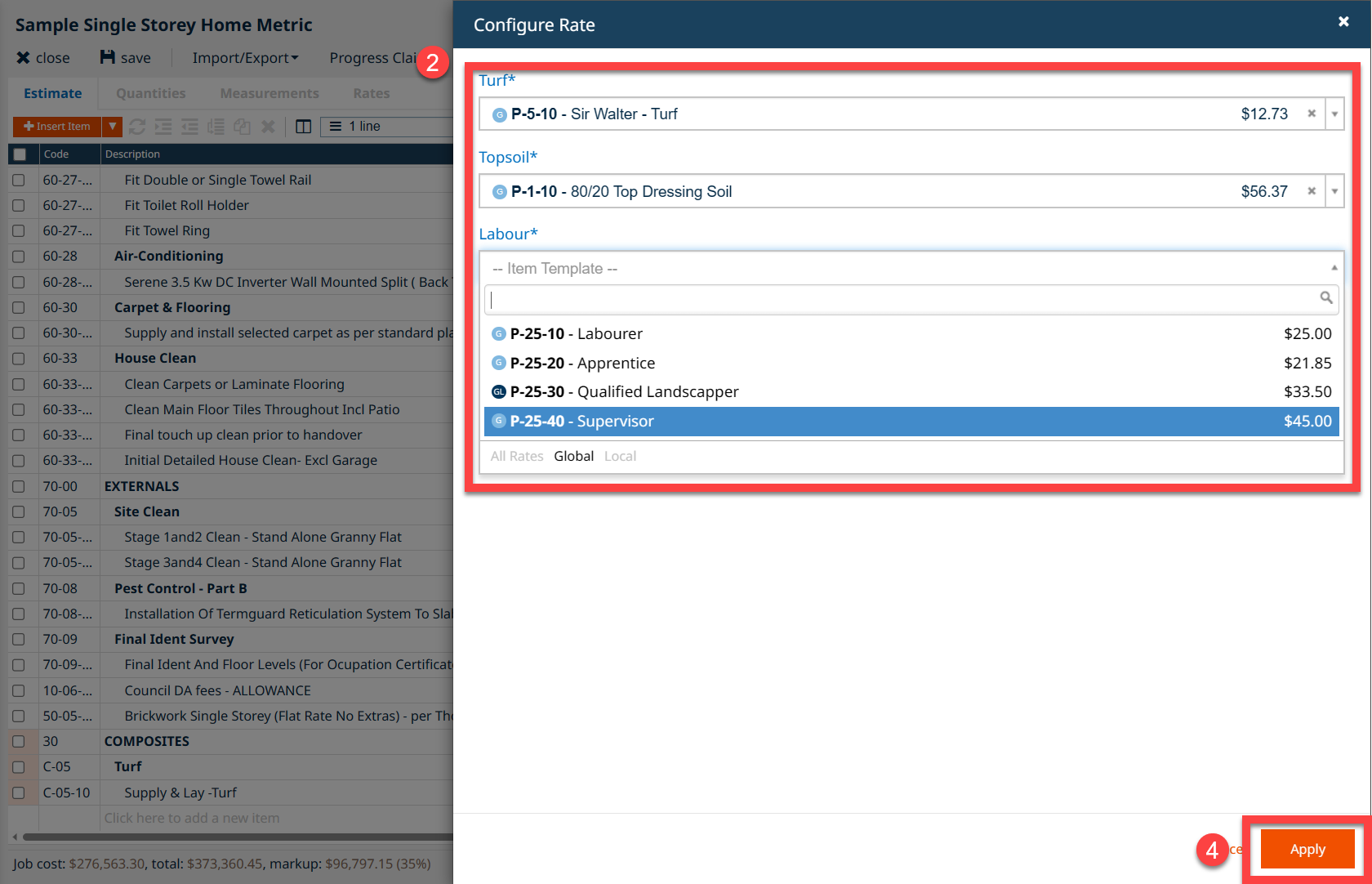 Select the items for your configurable rate
