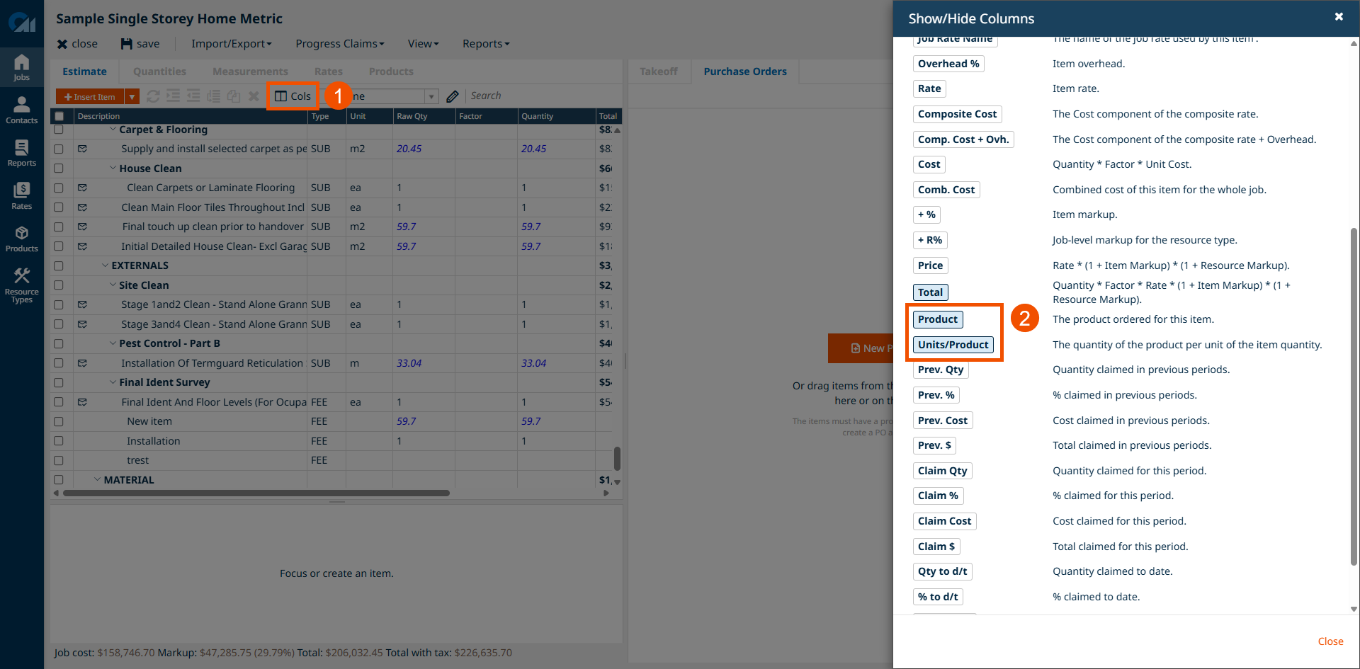 how to add the purchase order columns