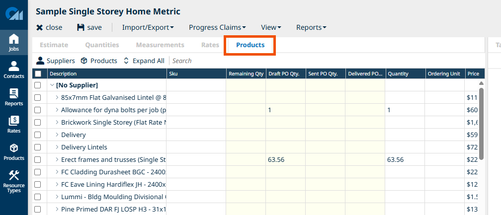 Products Tab