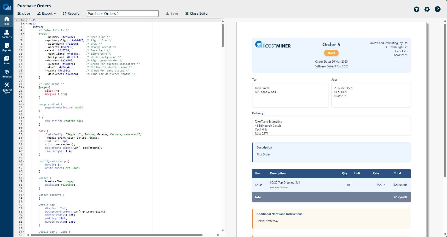 HTML editor for purchase order